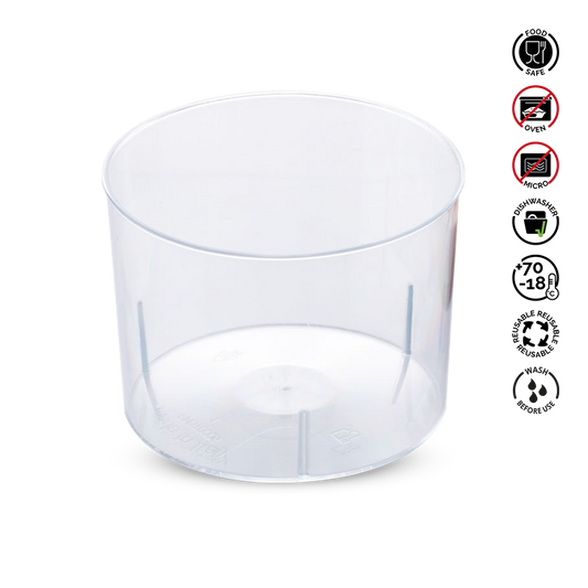 Clear plastic container with food safety symbols on a white background