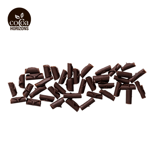 Dark chocolate bars on a white background with 'Cocoa Horizons' logo.