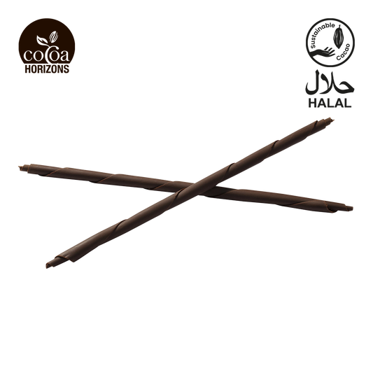 Two crossed chocolate sticks with 'Cocoa Horizons' and 'Halal' logos on a white background.