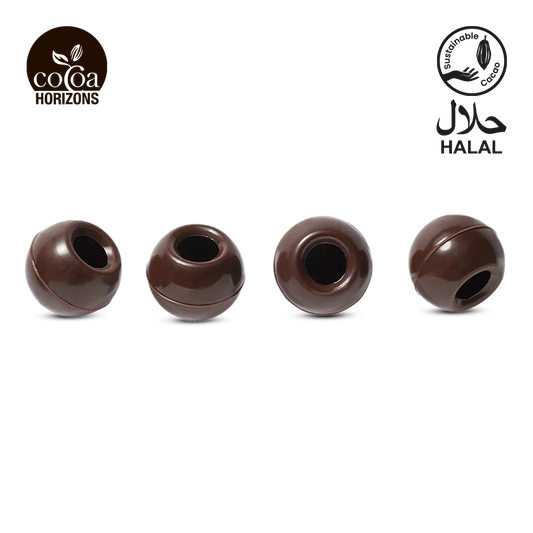 Four chocolate balls with 'Cocoa Horizons' and 'Halal' logos on a white background.