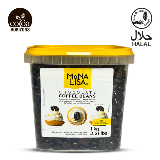 Container of Mona Lisa Chocolate Coffee Beans with visible branding on a white background