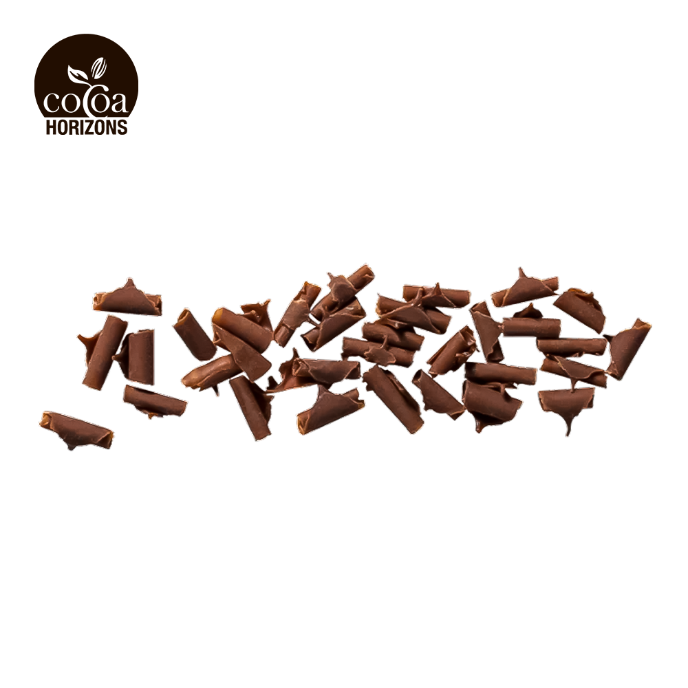 Chocolate pieces arranged in a heart shape with 'Cocoa Horizons' logo above on a white background