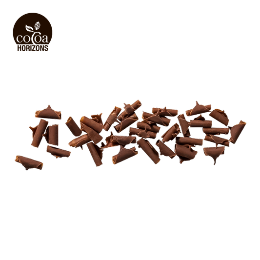 Chocolate pieces arranged in a heart shape with 'Cocoa Horizons' logo above on a white background