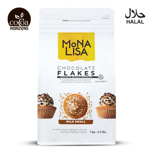 Package of Mona Lisa Chocolate Flakes with branding and certification logos on a white background