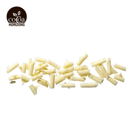 White chocolate buttons on a white background with 'Cocoa Horizons' logo.