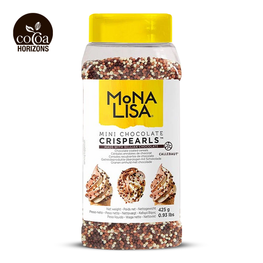 Jar of Mona Lisa Mini Chocolate Crispearls with yellow lid on a white background