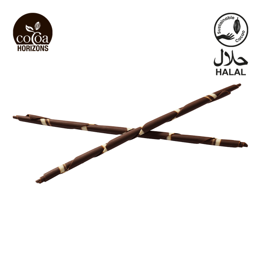 Chocolate sticks with 'Cocoa Horizons' and 'Halal' certification logos on a white background