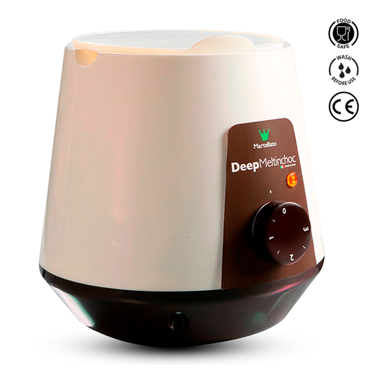 White and brown Deep Meltingchoc chocolate fondue heater on a white background