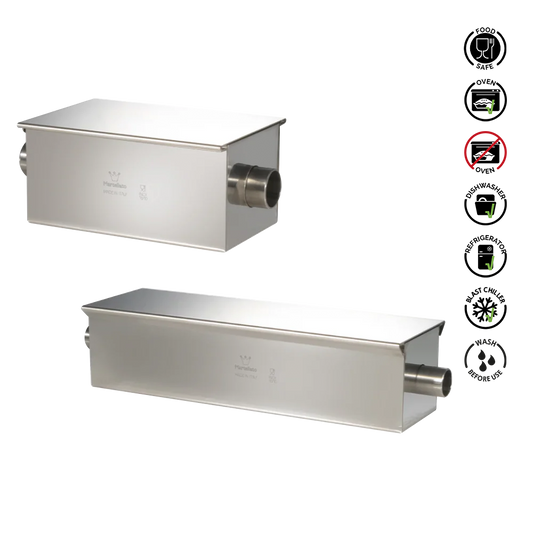 Two stainless steel components with safety and care instructions on a white background
