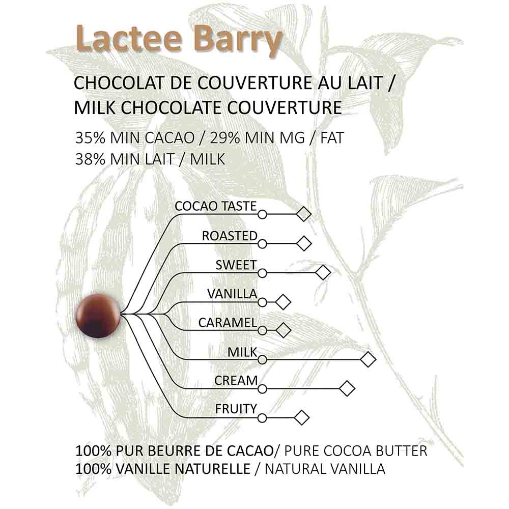 Lactee Barry milk chocolate bar with flavor profile and ingredients on a white background