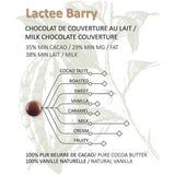 Lactee Barry milk chocolate bar with flavor profile and ingredients on a white background