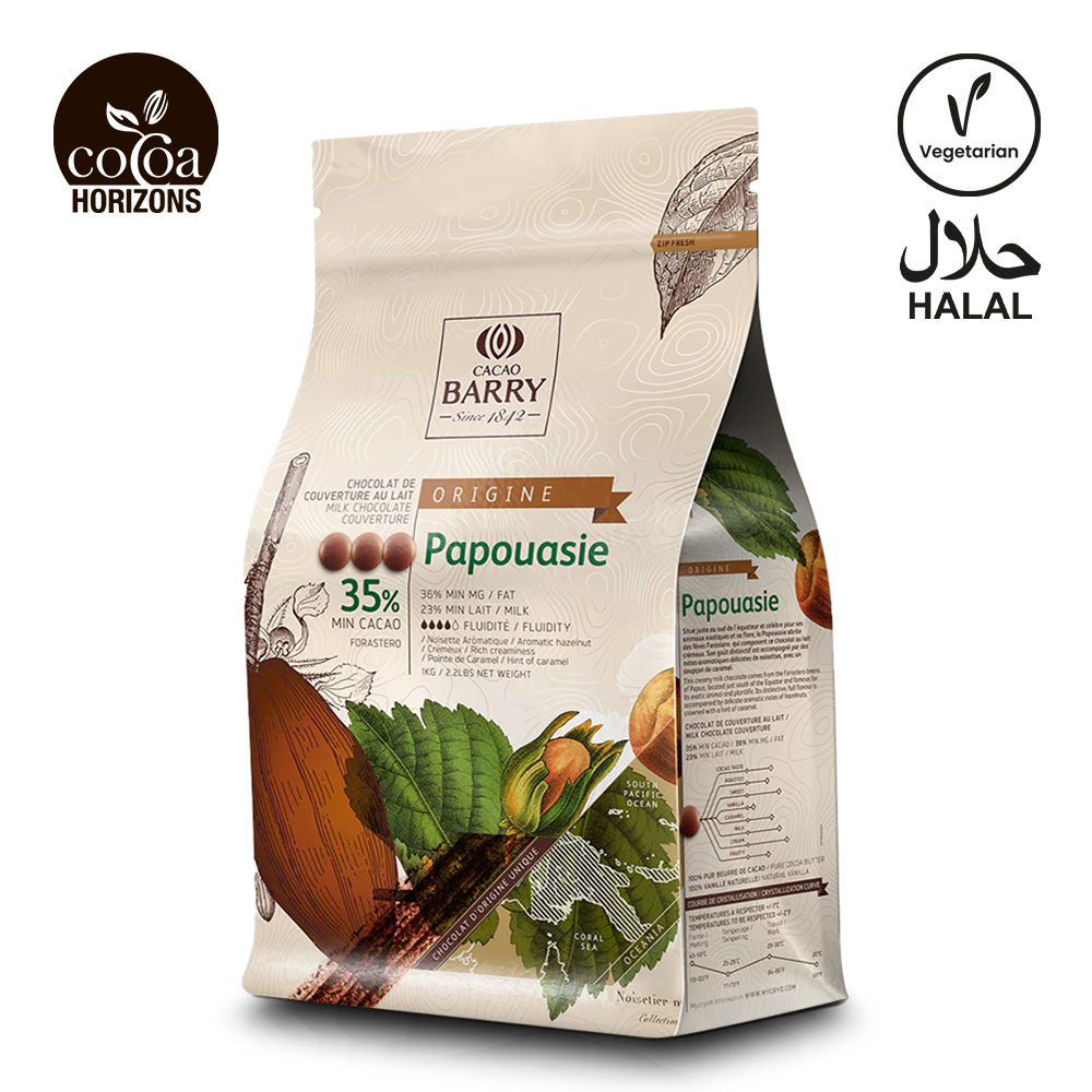Cocoa Barry chocolate packaging with Papouasie branding on a white background