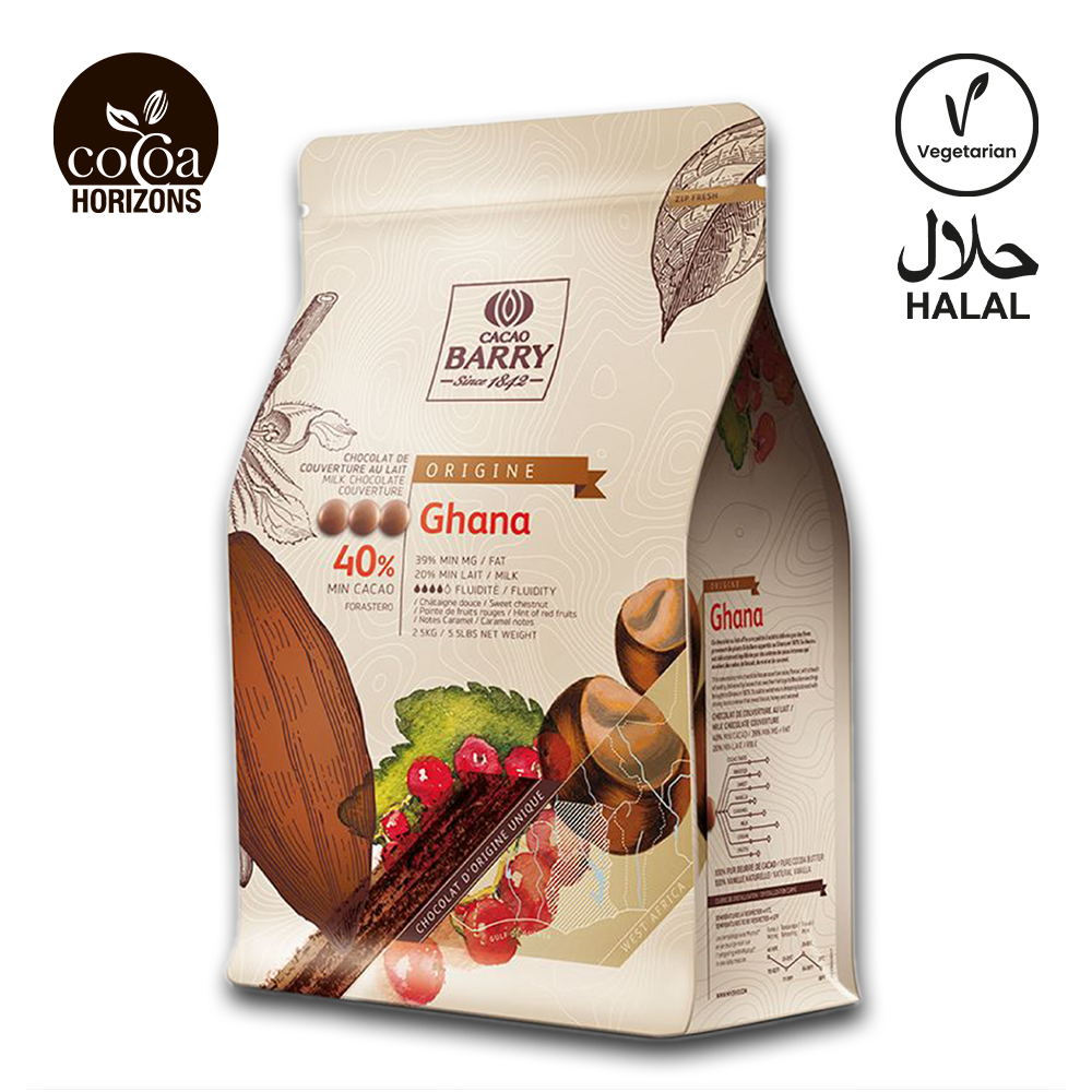 Cocoa Barry Ghana chocolate packaging with branding and certification logos.