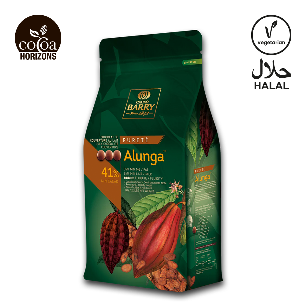Cocoa Barry Alunga chocolate packaging with cacao beans and leaves on a white background