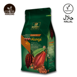 Cocoa Barry Alunga chocolate packaging with cacao beans and leaves on a white background