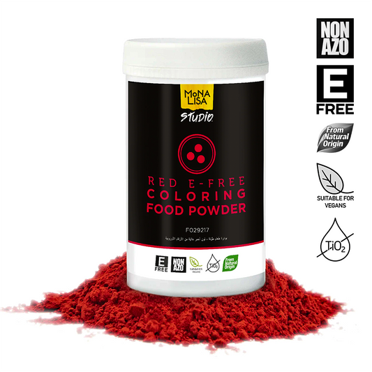 Red coloring food powder container with Mona Lisa Studio branding on a white background