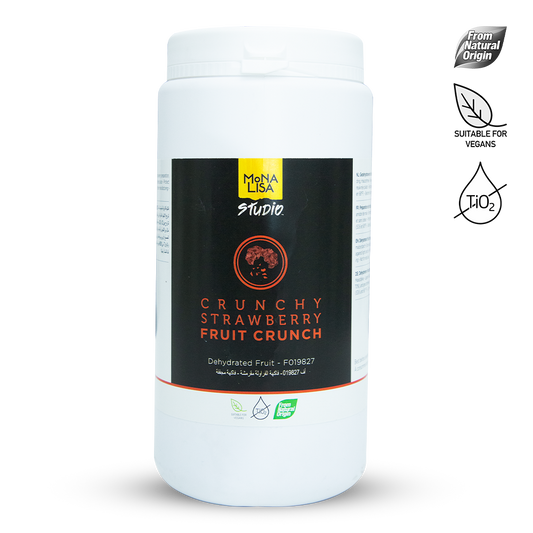 Jar of 'Crunchy Strawberry Fruit Crunch' with Mona Lisa Studio branding on a white background