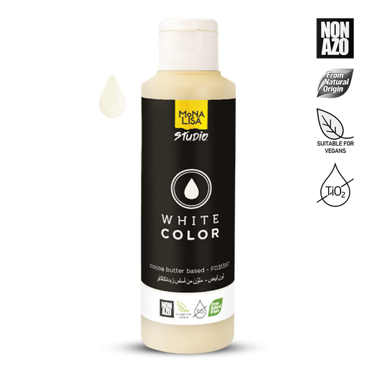 Bottle of Mona Lisa Studio white color with black label on a white background