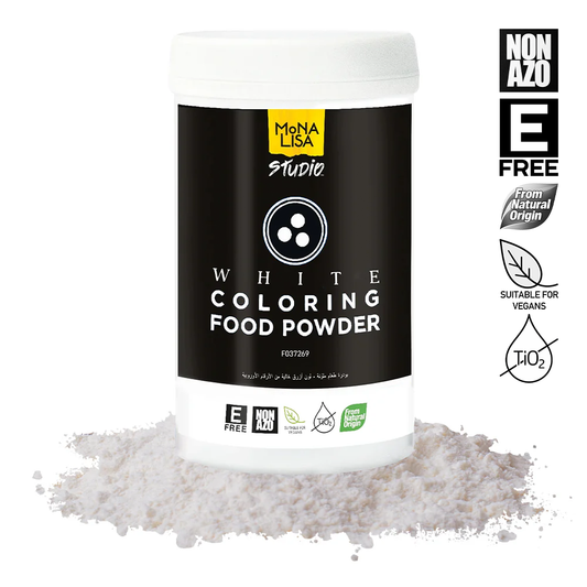 White coloring food powder container with visible powder on a white background