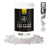 White coloring food powder container with visible powder on a white background