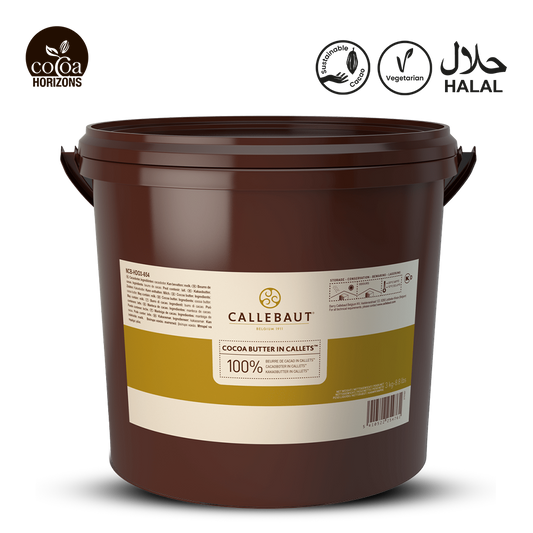 Brown container with WITH COCOA BUTTER CALLETS AND Callebaut label on a white background