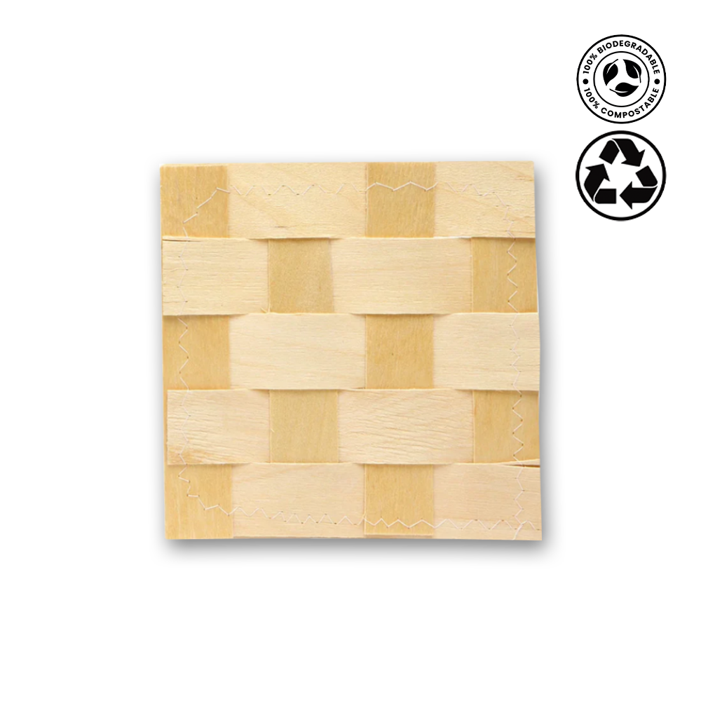 Bamboo woven product with compostable and recyclable icons on a white background