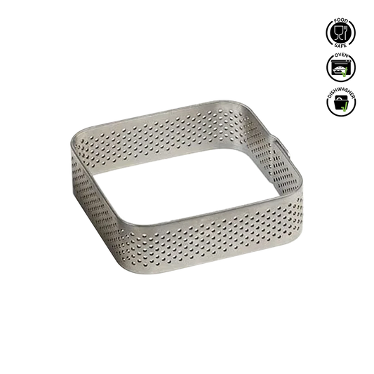 Metal perforated square basket on a white background with food safe and oven safe icons.Pavoni Rounded Edge Micro-Perforated Stainless Steel band XF01
A