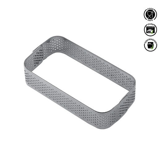 Rectangular metal grater on a white background with icons indicating food safe and dishwasher safe.Pavoni Rounded Edge Micro-Perforated Stainless Steel band
.