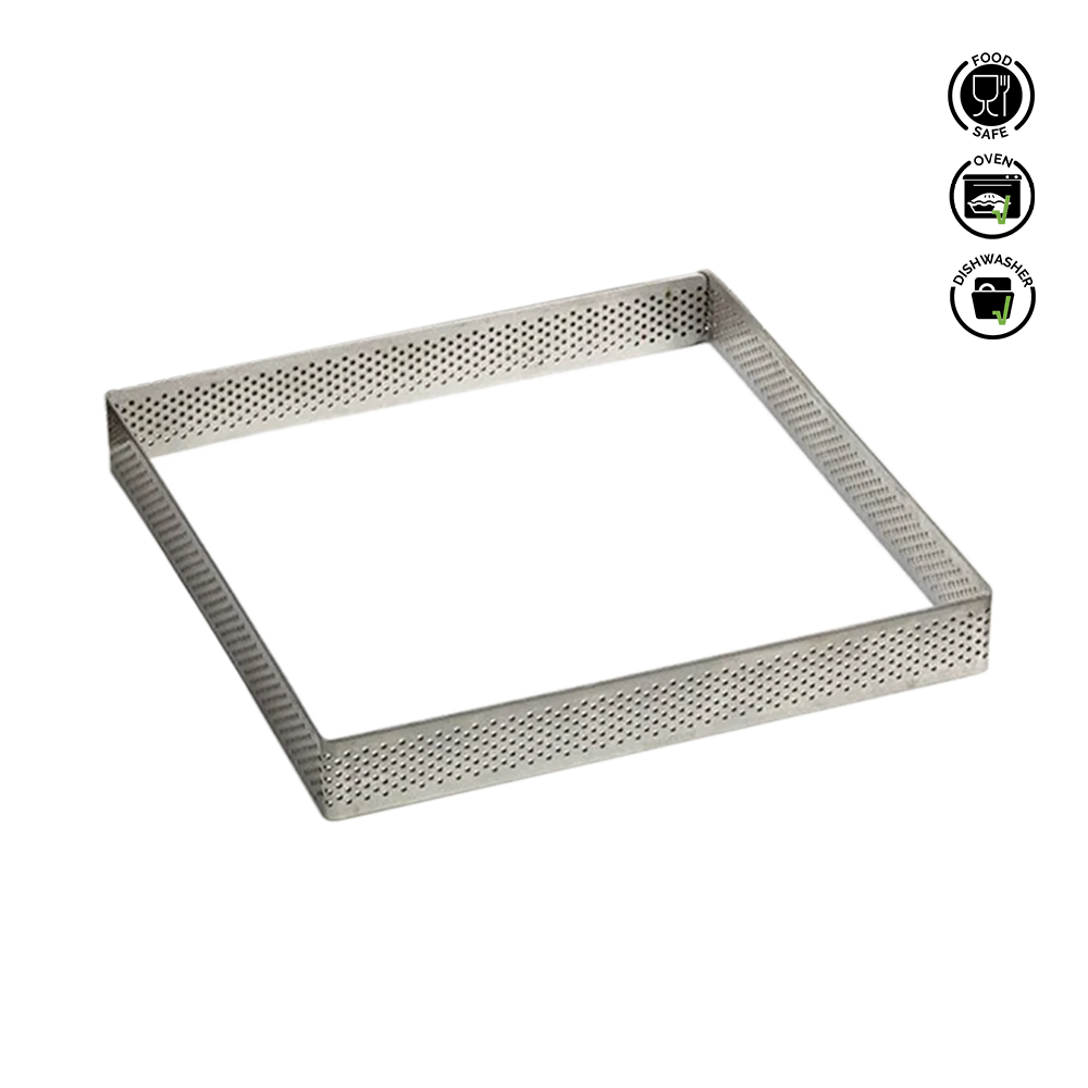 Metal baking tray with perforations on a white background.Pavoni Square Micro-Perforated Stainless Steel band