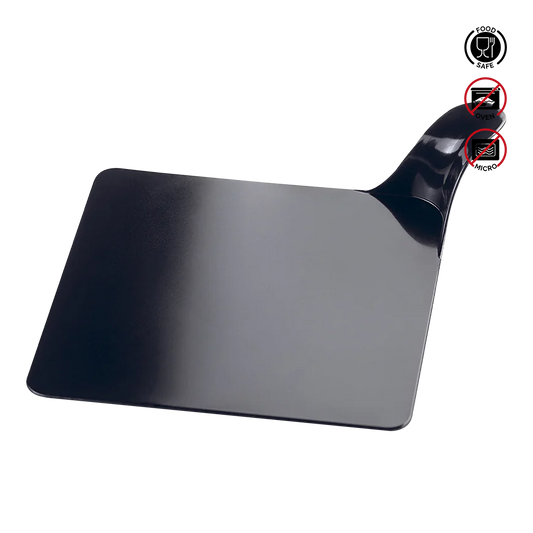 Black pizza peel with safety and warning labels on a white background.Pavoni Plastic Single Serving Trays VP1NR