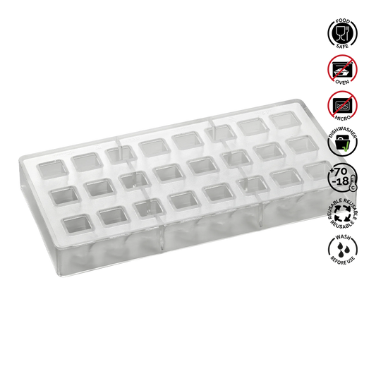 Clear silicone ice cube tray with labels on a white background