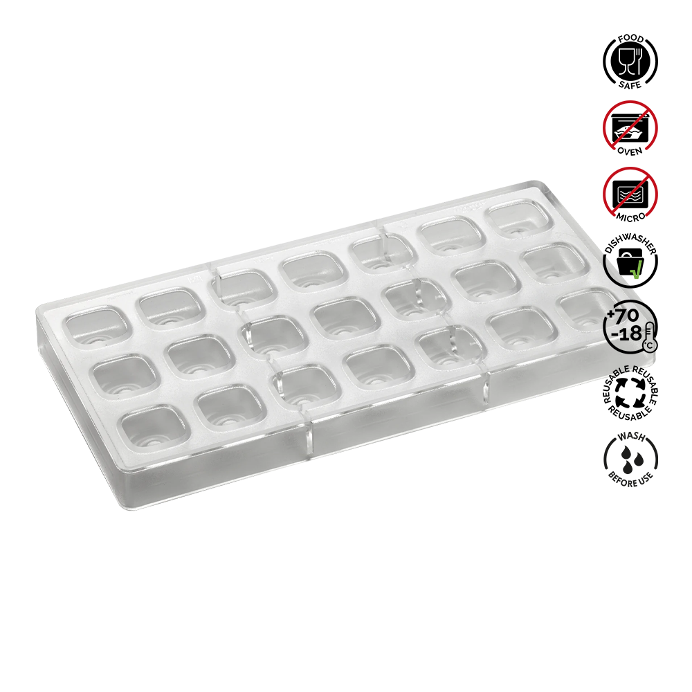 Clear silicone mold with food-safe, oven-safe, and dishwasher-safe icons on a white background.Pavoni Polycarbonate mould ANTONIO BACHOUR Praline PC47
