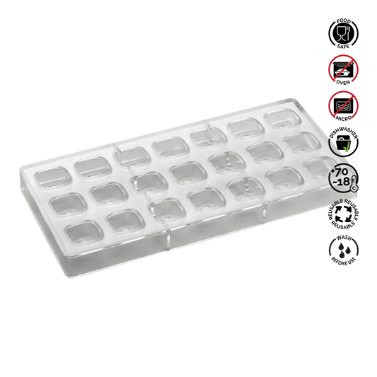 Clear silicone mold with food-safe, oven-safe, and dishwasher-safe icons on a white background.Pavoni Polycarbonate mould ANTONIO BACHOUR Praline PC47
