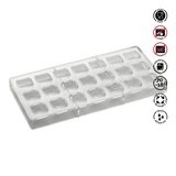 Clear silicone mold with food-safe, oven-safe, and dishwasher-safe icons on a white background.Pavoni Polycarbonate mould ANTONIO BACHOUR Praline PC47