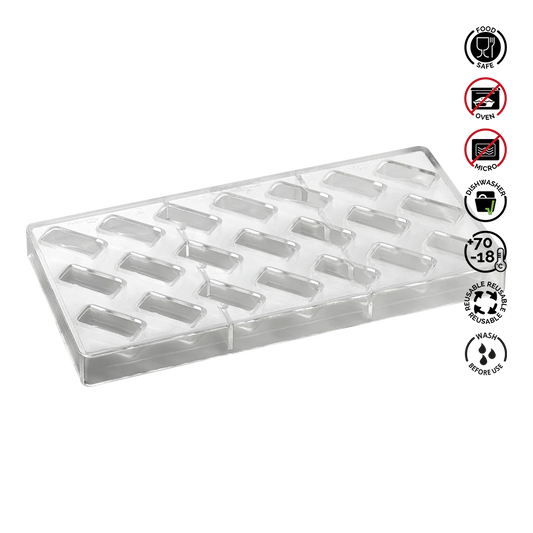 Clear plastic mold with multiple compartments on a white background.Pavoni Polycarbonate mould ARTISANAL Praline PC106