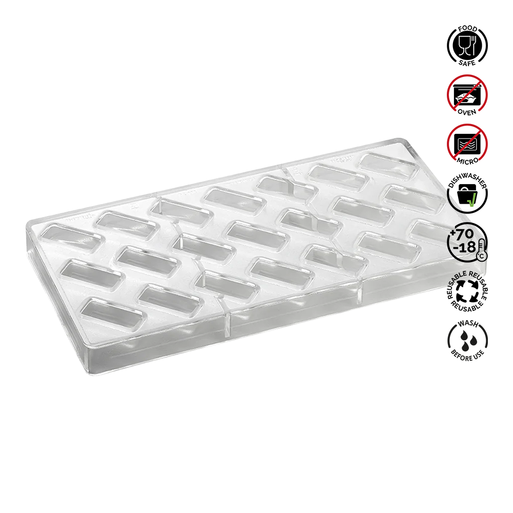 Clear plastic mold with food-safe, oven-safe, and dishwasher-safe icons on a white background.Pavoni Polycarbonate mould ARTISANAL Praline PC114