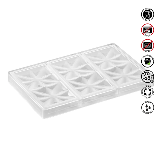 Clear ice cube tray with diamond-shaped compartments on a white background, featuring safety and usage icons.Pavoni Polycarbonate mould EDELWEISS Bar PC5005
