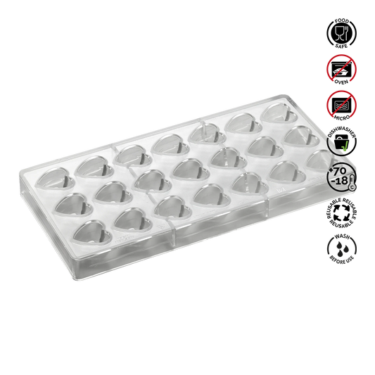 Heart-shaped mold tray with safety symbols on a white background