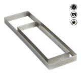 Metal perforated baking tray on a white background with certification icons.
