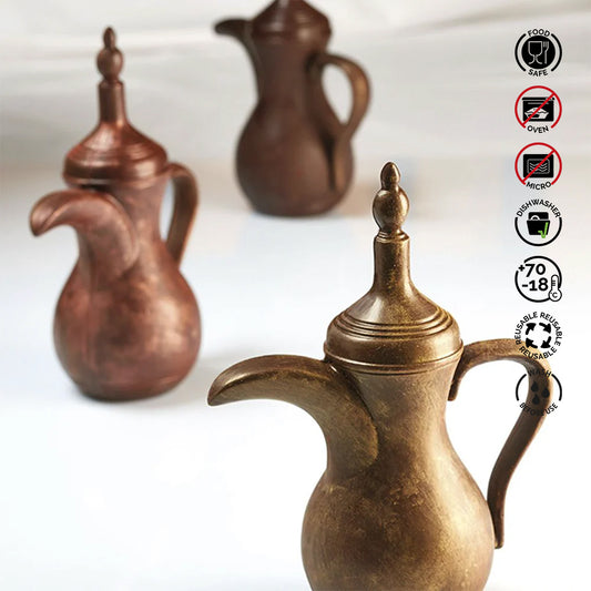 Bronze teapots on a white background with safety certification icons.Pavoni Thermoformed mould "Middle East - Dallah" KT DALLAH..