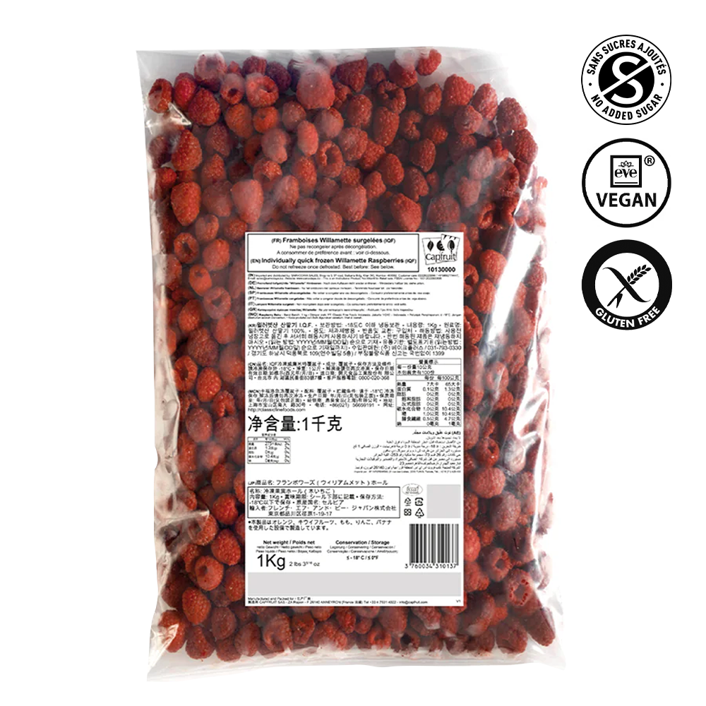 Bag of frozen raspberries with a label and certification logos on a white background