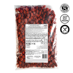 Bag of frozen raspberries with a label and certification logos on a white background