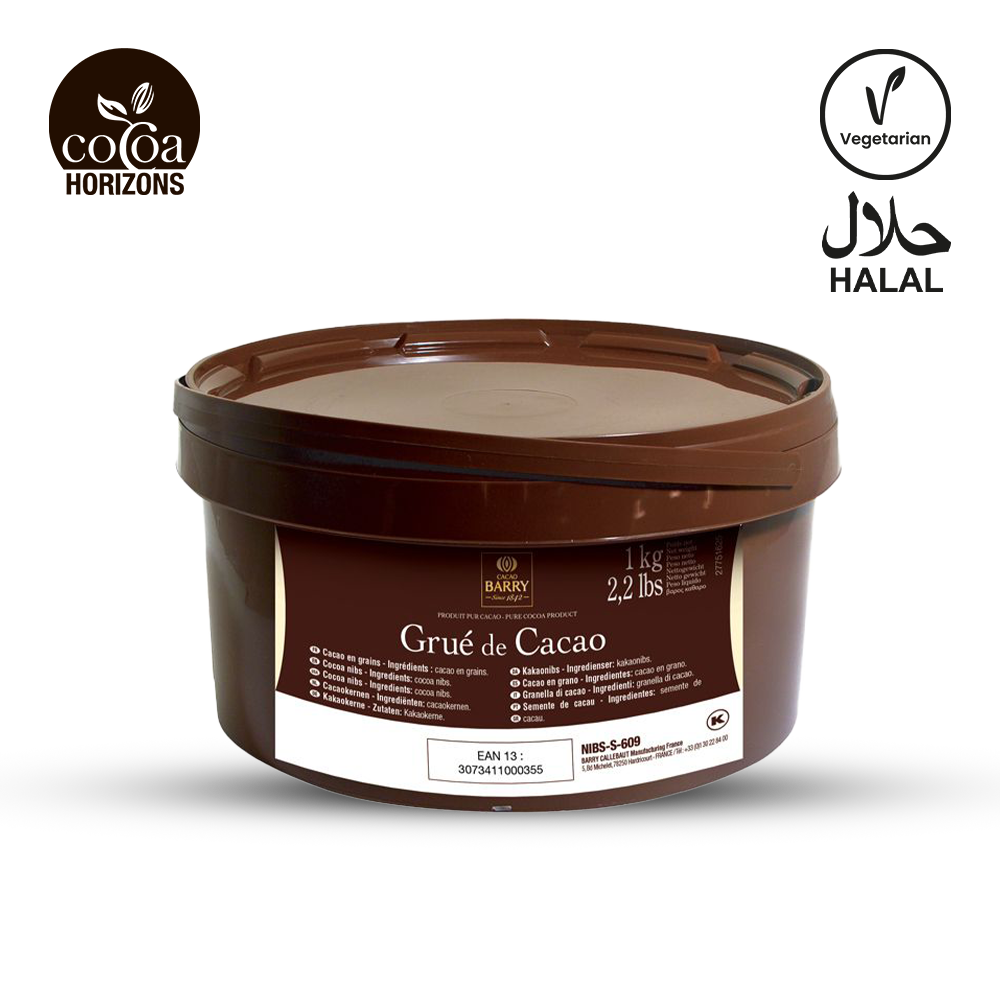 Container of cacao powder with Cooca Horizons branding on a white background