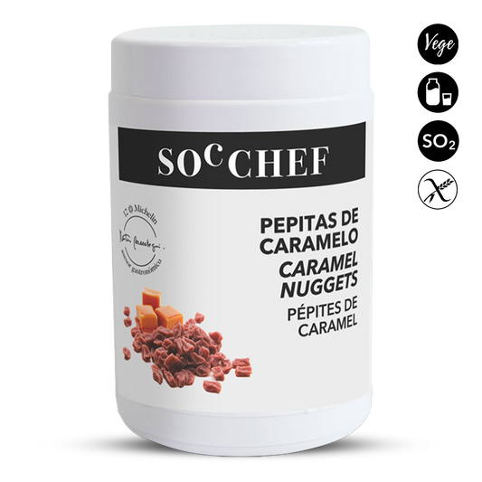Jar of caramel nuggets with SOC CHEF branding on a white background