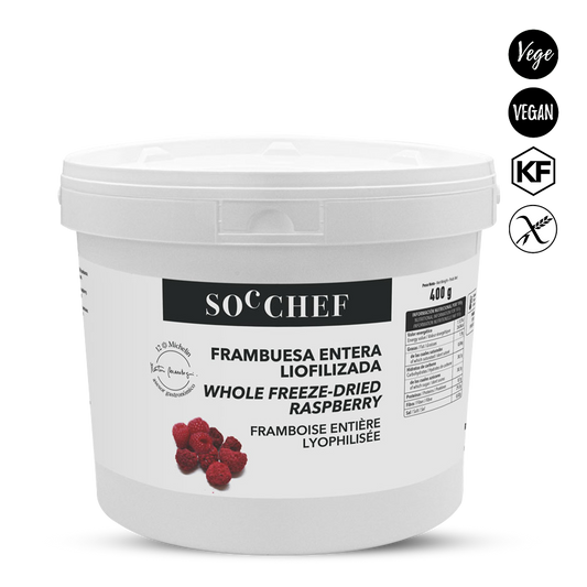 White container of Soc Chef whole freeze-dried raspberries on a white background
