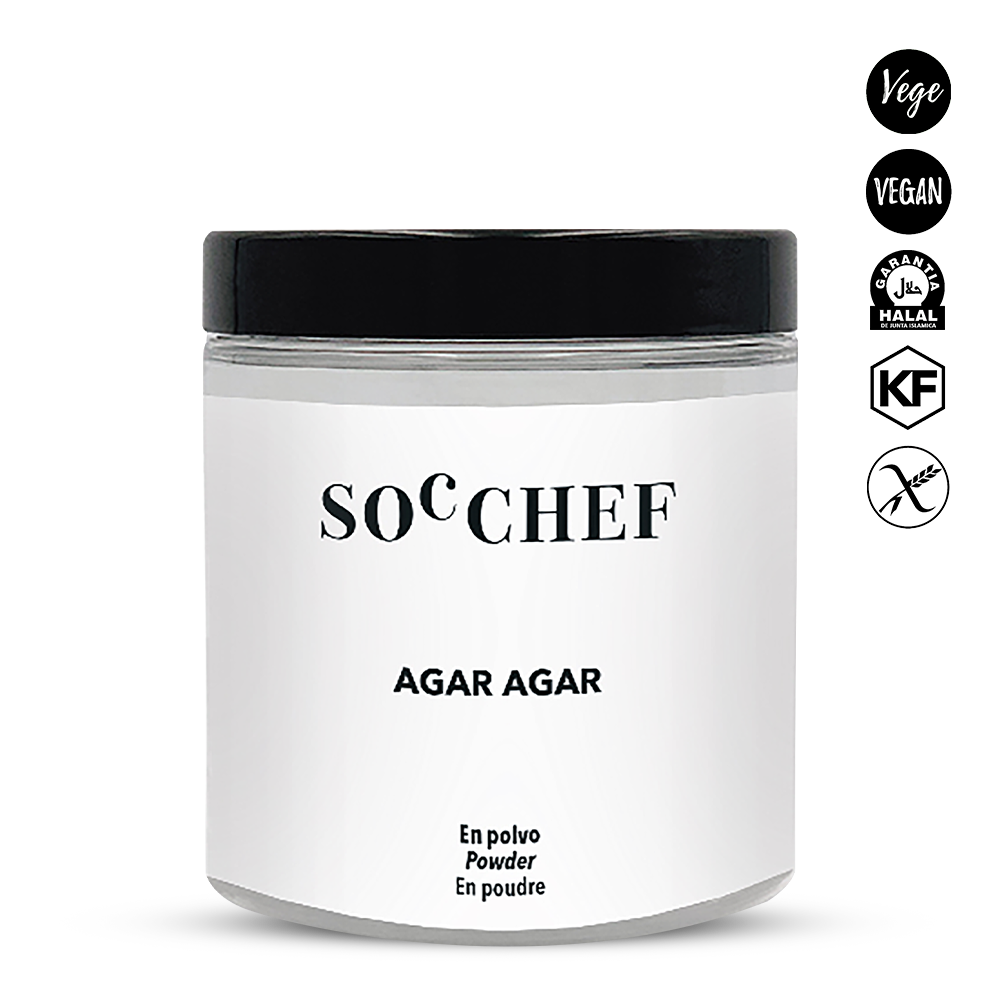 Jar of SOC CHEF agar agar powder with black lid on a white background