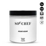 Jar of SOC CHEF agar agar powder with black lid on a white background