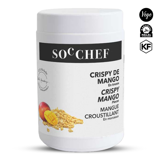 Container of Soc Chef Crispy Mango with brand logos on a white background
