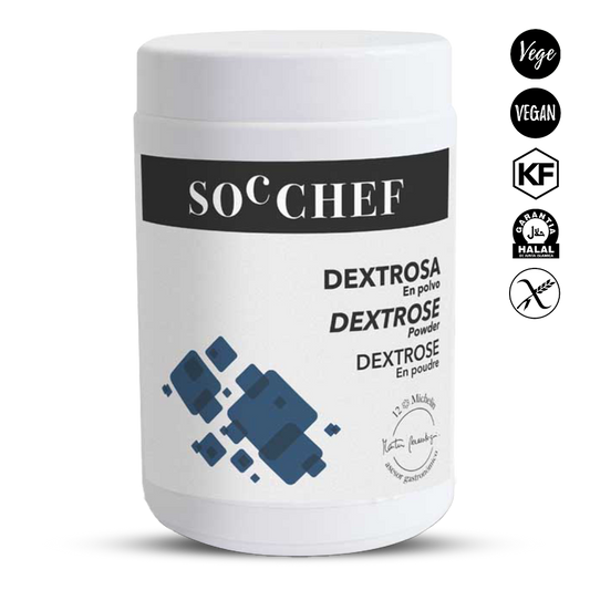 White container of SOC CHEF dextrose powder with labels on a white background
