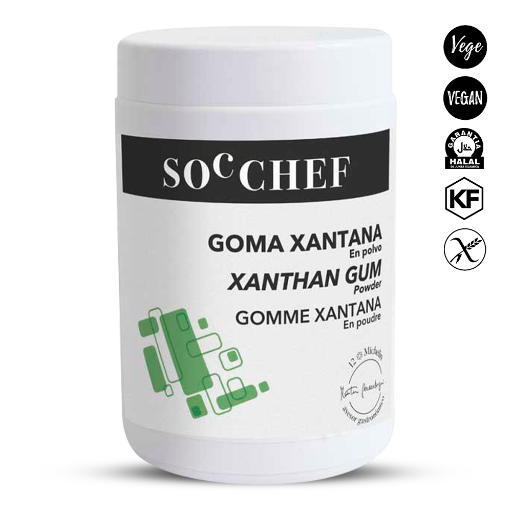 Jar of xanthan gum powder with SOC CHEF branding on a white background